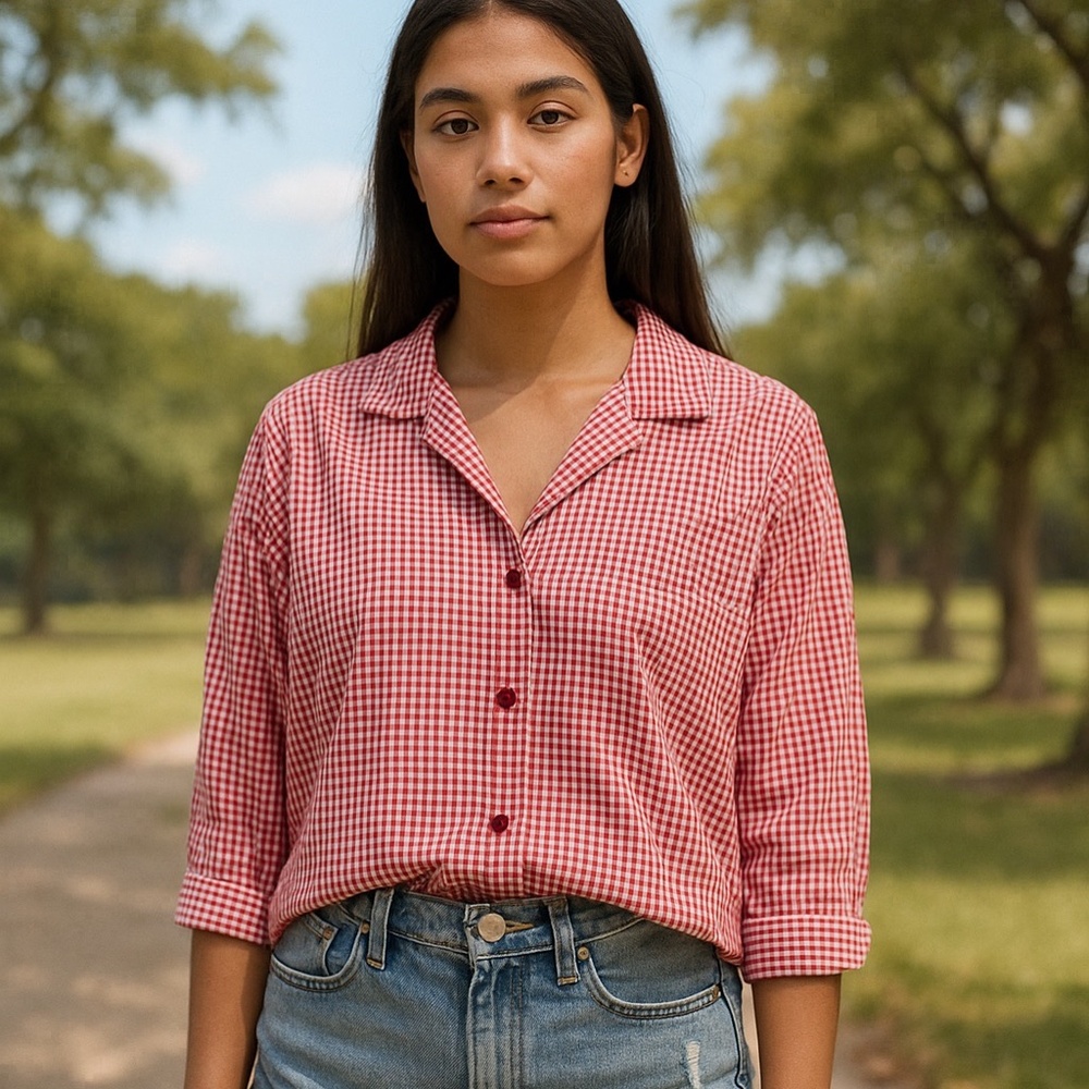 Vintage 90s Gingham Collared Button Down Top Red White Flower Button 3/4 Sleeve